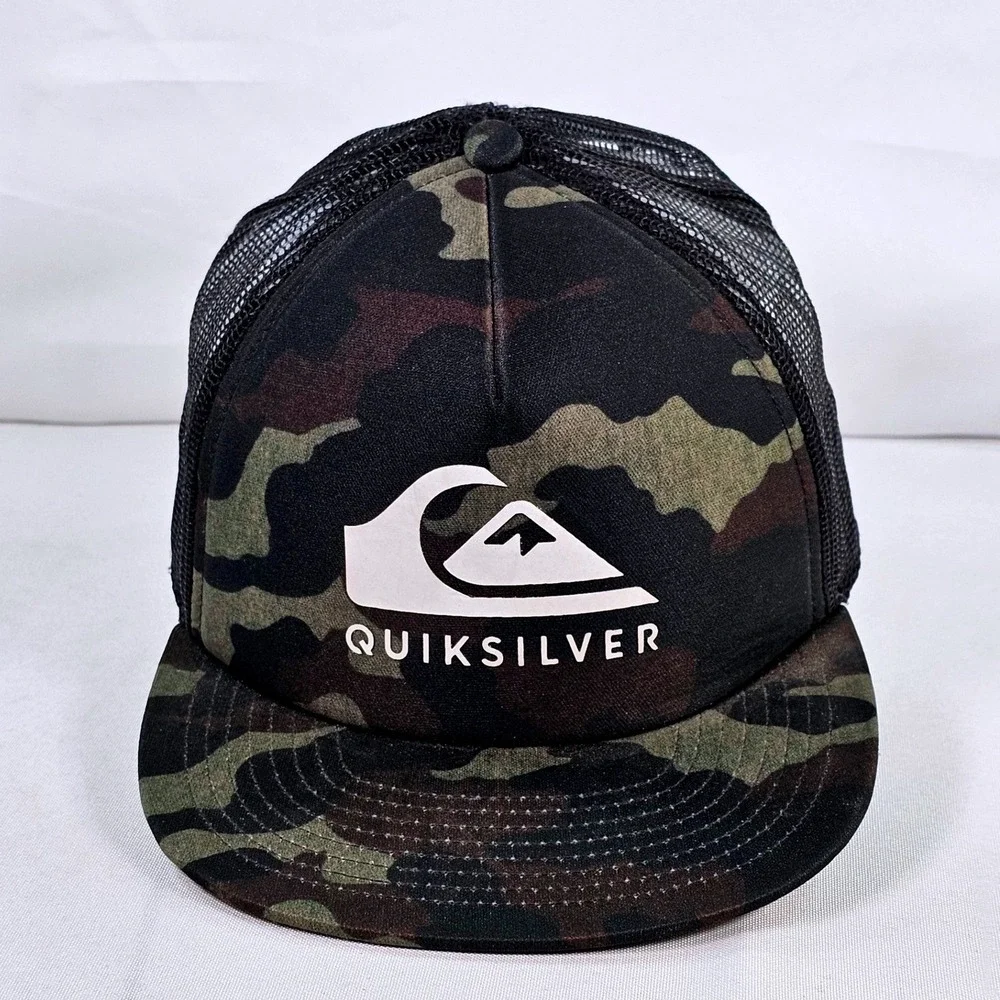 Quiksilver Mens Camo Trucker Hat Mesh Snapback Cap Black Green 55cm